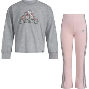 adidas Girls' 2-Piece Long Sleeve Graphic Tee & Flare Pant Set, Grey Heather Pink, 6X