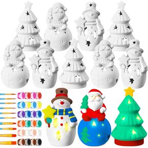 Qilery 12 Sets Ready to Paint Christmas Ceramics with Paint and Brushes, 5" Snowman Santa Christmas Tree Unpainted Figurines Christmas Craft Kits DIY Plaster for Adults Xmas Holiday Party Favor Gift