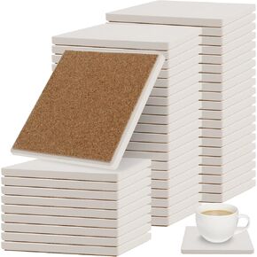 50 قطعة من قواعد الأكواب الخزفية المربعة مقاس 10.16 × 10.16 سم من هوزون، بلاط سيراميك فارغ، بلاط سيراميك أبيض غير مزجج، اصنع قواعد الأكواب الخاصة بك للصياغة وصب الأكريليك والرسم in Kuwait