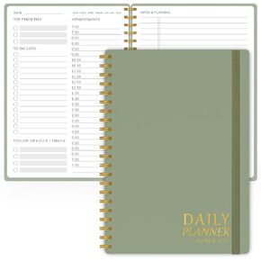 Daily Planner Undated - Simplified To Do List Notebook with Hourly Schedules, Spiral Appointment Organizer, 5.5" x 8.5", Easily Manage Your Tasks and Productivity - Green