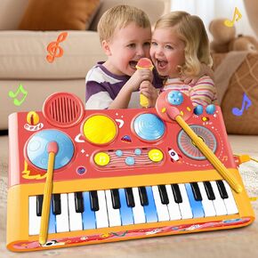 Piano Keyboard Toys for Girls Boys, 5 in 1 Musical Toddler Toys with Microphone DJ Music Table Drum Set for Toddlers, Kids Piano Christmas Birthday Gift for Ages 2-5 Girls (Pink Electric Piano)