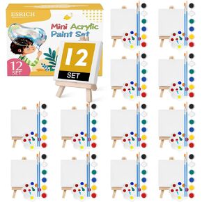 ESRICH 6 Set Mini Acrylic Paint Kit,Mini Stretched Canvas with Easel,Valentines Day Gifts,Acrylic Paint Strips,Paint Palettes,Painting Brushes, Mini Canvas and Easel Set for Kids Artists Beginner
