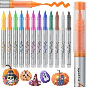 Direct Liquid Acrylic Paint Markers, ZSCM 12 Colors Paint Kit for Halloween Pumpkin Painting, Metallic Art Marker, for Adults Card Making, Rocks Painting, Wood Slices, Halloween Supplies