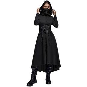 ROSE GAL Rosegal Plus Size Womens Gothic PU Panel Lace Up Zip Slit High Low Hem Hooded Corset Waist Long Trench Coat