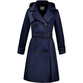 Women's Windproof Double-Breasted Trench Coat Knee-Length Trench Jacket Water-Repellent Outwear with Removable Hood