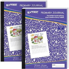 EXTRIC Primary Journal 2 Pack - Primary Journal Grades K-2, Half Page Ruled Primary Composition Notebook K-2, 100 Sheets, Hard Cover Primary Writing Journal