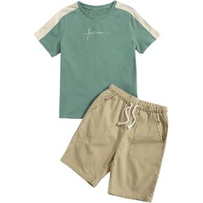 SweatyRocks Boy's Clothing Sets Letter Graphic Color Block T Shirt and Shorts 2 Piece Outfits