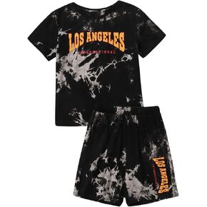 SweatyRocks Boy's 2 Piece Outfits Tie Dye Letter Graphic Tee Top and Shorts Clothing Sets