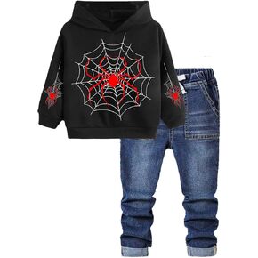 Boys Pullover Hoodie and Denim Jeans Outfits Set -2 Piece Spider Web Sweatshirt and Pants for Kids 3-10 Years