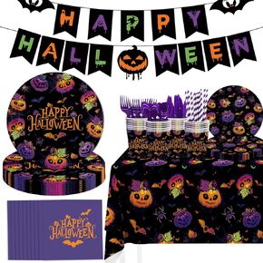 MEHOFOND Halloween Party Supplies194Pcs, Evil Purple Pumpkin Halloween Plates and Napkins Tableware set with Cups Tablecloth Banner for Spooky Bat Spider Halloween Party Decorations, Serves 24 Guests