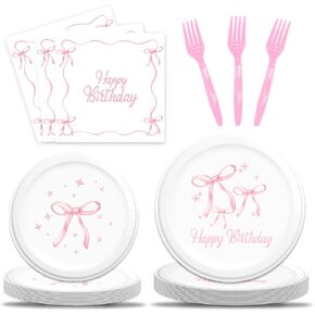 Pink Bow Birthday Party Supplies, 96Pcs Coquette Birthday Decorations Includes Pink Bow Napinks Plates Forks Pink Bow Theme Tableware Birthday Party Supplies Bow Girls Birthday Party Decor