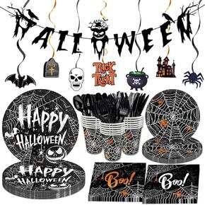 176 PCS Halloween Party Supplies Halloween Party Decoration Includes Plates, Napkins, Cups, Cutlery, Banner, and Hanging Swirls for Halloween Birthday Party Decorations, 24 Serves