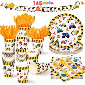 JOYIN 145 Piece Dinosaur Birthday Party Supplies with Trex Banner, 24 Serves dinosaur Disposable Tableware Set with Plates, Cups, Napkins, and Cutlery Sets for Dinosaur Themes Party Kids Years