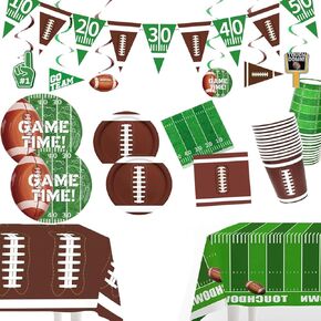 Football party decoration supplies 24sets This includes Dessert plates, dining plates, cups, banners, napkins, hanging spirals, and floor to ceiling tablecloths , for football match days