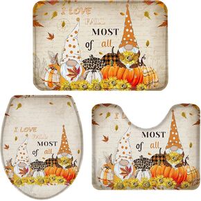 Queenker 3 Pieces Bath Rug Set Toilet Seat Cover Fall Thanksgiving Retro Pumpkin Gnome Contour Rug,Pedestal Mat and Toilet Lid Cover,Non-Slip Bathroom Floor Mat 20"x31"=16"x18"+16"x20"