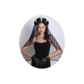 Eioi & Lmnm Women's Gothic Skull Flower Black Lace Veil Headband for Halloween Day of the Dead, Goth Black Rose Skull Hair Veil Headpiece, Floral Skeleton Bride Veil Headwear (B, one-size)