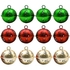 12Pcs 2.5inch Jumbo Jingle Bell 63mm Christmas Jingle Bell with Hollow Tree Joy Patterns Large Metal Craft Bell for Holiday Xmas Sleigh Wreath Doorknob Party Decors