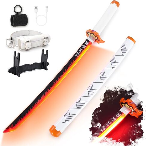 RENGENG Light Up Sword, 30 Inches Short for Kids, Rechargeable Pre-Assembled Plastic Replica with Belt & Stand & Spinner, Original Texture Sword in Saudi Arabia