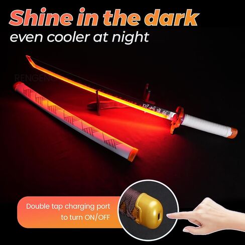 RENGENG Light Up Sword, 30 Inches Short for Kids, Rechargeable Pre-Assembled Plastic Replica with Belt & Stand & Spinner, Original Texture Sword in Saudi Arabia