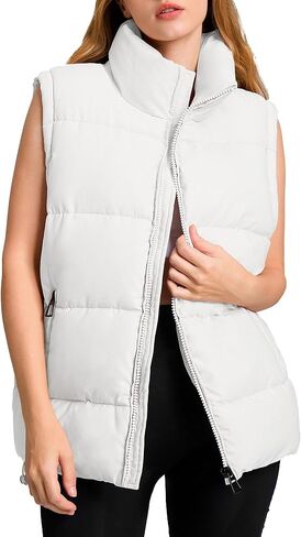 Polu Womens Puffer Vest 2024 Oversized Lightweight Winter Sleeveless Zip Up Padded Stand Collar Jacket Coat Warm in Kuwait