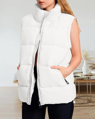 Polu Womens Puffer Vest 2024 Oversized Lightweight Winter Sleeveless Zip Up Padded Stand Collar Jacket Coat Warm in Kuwait
