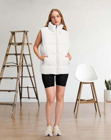 Polu Womens Puffer Vest 2024 Oversized Lightweight Winter Sleeveless Zip Up Padded Stand Collar Jacket Coat Warm in Kuwait