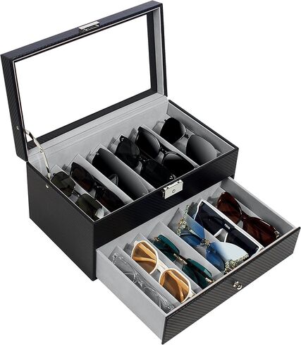 GUKA 2-layer Sunglasses Storage Organizer, 12 Slots Leather Sunglass Box Multiple Pairs Eyeglass Display Case for Women Men, Gift Idea (Black+Grey) in Kuwait