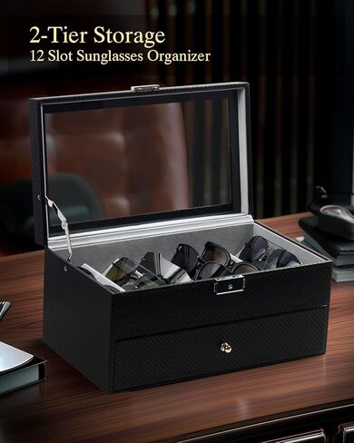 GUKA 2-layer Sunglasses Storage Organizer, 12 Slots Leather Sunglass Box Multiple Pairs Eyeglass Display Case for Women Men, Gift Idea (Black+Grey) in Kuwait