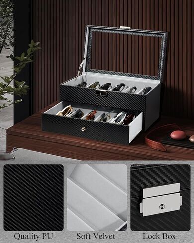 GUKA 2-layer Sunglasses Storage Organizer, 12 Slots Leather Sunglass Box Multiple Pairs Eyeglass Display Case for Women Men, Gift Idea (Black+Grey) in Kuwait