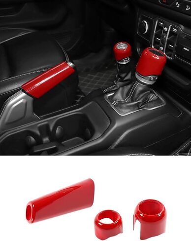 Savadicar Red Interior Accessories - Handbrake & Gear Shift Knob Trim Set for 2018-Present Jeep Wrangler JL JLU 4XE & Gladiator JT - Solid Color Interior Decor Upgrade Option, 3-Piece in Saudi Arabia