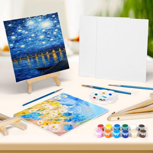 16 Pack 8 * 10In Canvas Boards for Painting, Art Canvas for Drawing with 32 Brushes & 16 Paint Trays & 32 Acrylic Paint, Mini Painting Canvas with Easel Set, Painting Kits for Adults & Kids Party in Saudi Arabia