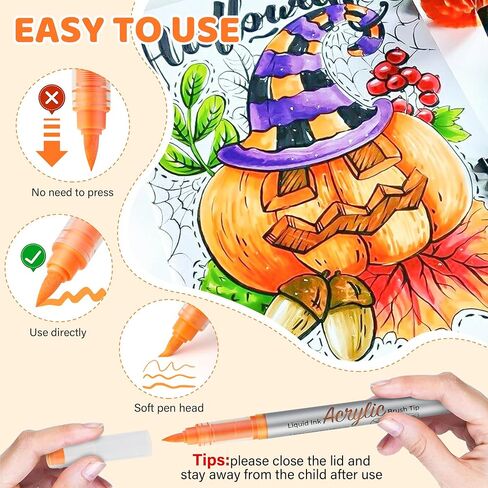 Direct Liquid Acrylic Paint Markers, ZSCM 12 Colors Paint Kit for Halloween Pumpkin Painting, Metallic Art Marker, for Adults Card Making, Rocks Painting, Wood Slices, Halloween Supplies in Saudi Arabia