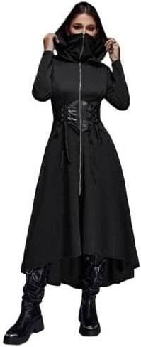 ROSE GAL Rosegal Plus Size Womens Gothic PU Panel Lace Up Zip Slit High Low Hem Hooded Corset Waist Long Trench Coat in Saudi Arabia