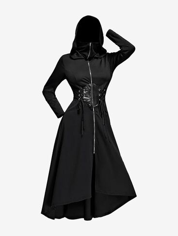 ROSE GAL Rosegal Plus Size Womens Gothic PU Panel Lace Up Zip Slit High Low Hem Hooded Corset Waist Long Trench Coat in Saudi Arabia