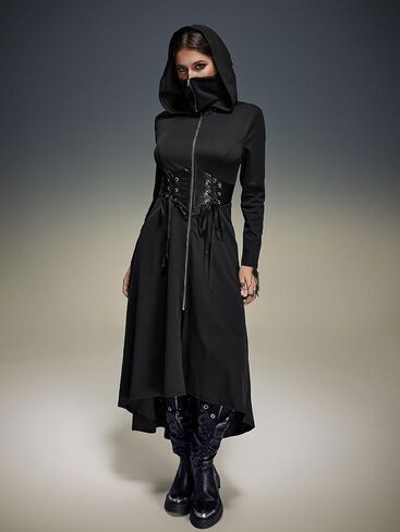ROSE GAL Rosegal Plus Size Womens Gothic PU Panel Lace Up Zip Slit High Low Hem Hooded Corset Waist Long Trench Coat in Saudi Arabia