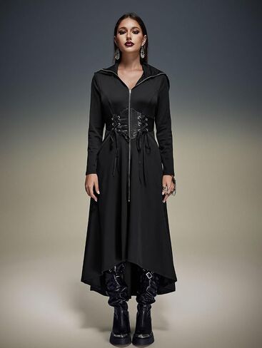 ROSE GAL Rosegal Plus Size Womens Gothic PU Panel Lace Up Zip Slit High Low Hem Hooded Corset Waist Long Trench Coat in Saudi Arabia