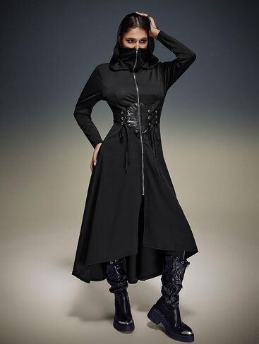 ROSE GAL Rosegal Plus Size Womens Gothic PU Panel Lace Up Zip Slit High Low Hem Hooded Corset Waist Long Trench Coat in Saudi Arabia