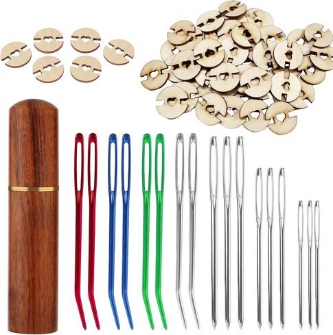 68pcs Yarn Needle & Pom Poms Buttons Set, Large Eye Blunt Needles Wooden Sewing Buttons Tapestry Needles Wool Hand Knitting Needle Accessories for Crafting Projects Handmade in Saudi Arabia