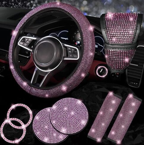 NBTEPEM 8 pcs Bling Car Accessories Set for Women, Steering Wheel Cover, Sparkly Seat Belt Covers, Bling Gear Shift Cover, Universal Fit Most Cars (Aquamrine Diamond) in Kuwait