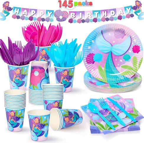 JOYIN 145 Piece Dinosaur Birthday Party Supplies with Trex Banner, 24 Serves dinosaur Disposable Tableware Set with Plates, Cups, Napkins, and Cutlery Sets for Dinosaur Themes Party Kids Years in Kuwait