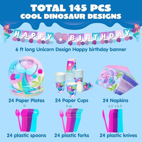JOYIN 145 Piece Dinosaur Birthday Party Supplies with Trex Banner, 24 Serves dinosaur Disposable Tableware Set with Plates, Cups, Napkins, and Cutlery Sets for Dinosaur Themes Party Kids Years in Kuwait