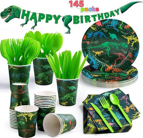 JOYIN 145 Piece Dinosaur Birthday Party Supplies with Trex Banner, 24 Serves dinosaur Disposable Tableware Set with Plates, Cups, Napkins, and Cutlery Sets for Dinosaur Themes Party Kids Years in Kuwait