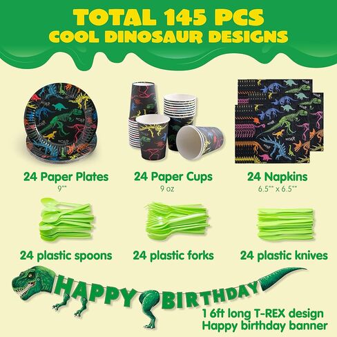 JOYIN 145 Piece Dinosaur Birthday Party Supplies with Trex Banner, 24 Serves dinosaur Disposable Tableware Set with Plates, Cups, Napkins, and Cutlery Sets for Dinosaur Themes Party Kids Years in Kuwait