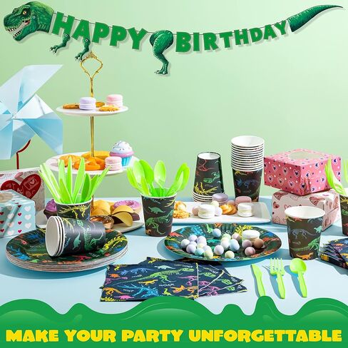 JOYIN 145 Piece Dinosaur Birthday Party Supplies with Trex Banner, 24 Serves dinosaur Disposable Tableware Set with Plates, Cups, Napkins, and Cutlery Sets for Dinosaur Themes Party Kids Years in Kuwait