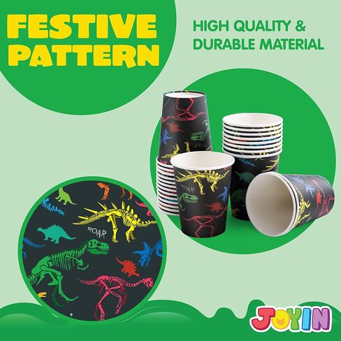 JOYIN 145 Piece Dinosaur Birthday Party Supplies with Trex Banner, 24 Serves dinosaur Disposable Tableware Set with Plates, Cups, Napkins, and Cutlery Sets for Dinosaur Themes Party Kids Years in Kuwait