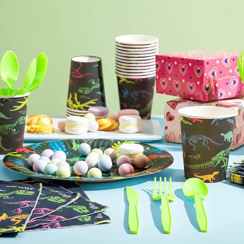 JOYIN 145 Piece Dinosaur Birthday Party Supplies with Trex Banner, 24 Serves dinosaur Disposable Tableware Set with Plates, Cups, Napkins, and Cutlery Sets for Dinosaur Themes Party Kids Years in Kuwait