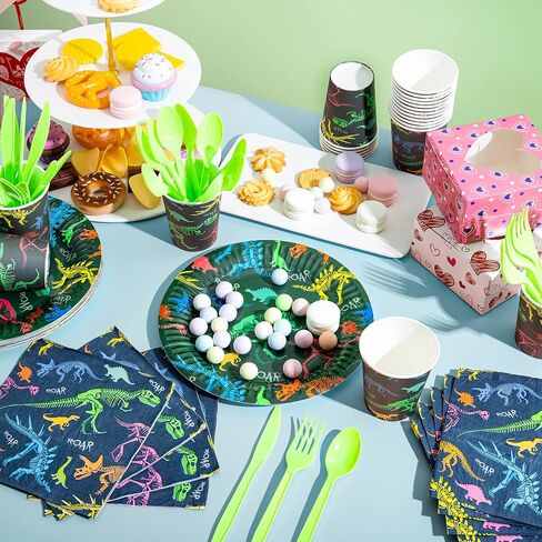 JOYIN 145 Piece Dinosaur Birthday Party Supplies with Trex Banner, 24 Serves dinosaur Disposable Tableware Set with Plates, Cups, Napkins, and Cutlery Sets for Dinosaur Themes Party Kids Years in Kuwait