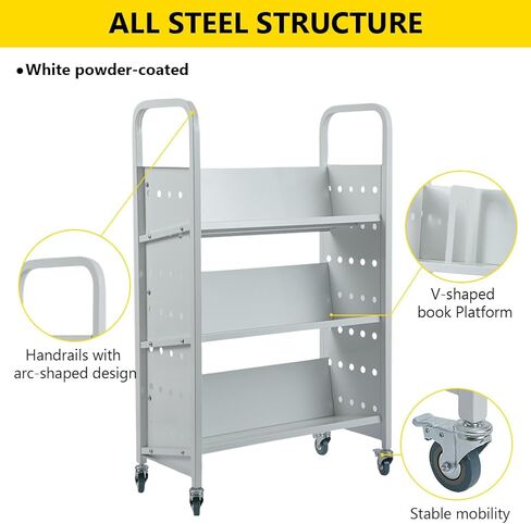 Towallmark Library Book Cart, 49" x 29.5" x 13.7" Book Cart with Lockable Rolling Pulleys, 3-Layer Single-Sided V-Shaped Bookshelf Suitable for Libraries, Bookstores, Classrooms, Offices, Black in Kuwait
