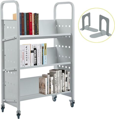 Towallmark Library Book Cart, 49" x 29.5" x 13.7" Book Cart with Lockable Rolling Pulleys, 3-Layer Single-Sided V-Shaped Bookshelf Suitable for Libraries, Bookstores, Classrooms, Offices, Black in Kuwait