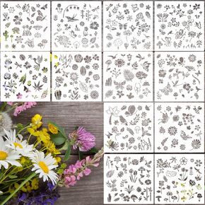 Colarr 12 Set 288 Pcs Flower Stencils for Painting on Wood DIY Craft Painting, Small Reusable Plants Flower Templates Stencils for Paper Scrapbooking Wall Home Drawing Art Decor, 9.84 x 9.84 Inches
